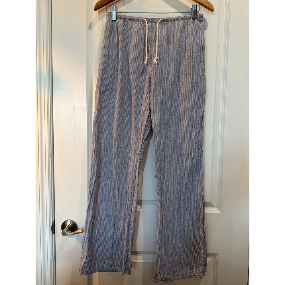 John Galt Brandy Melville Striped Linen Blend Drawstring Pants Blue White MCH002
